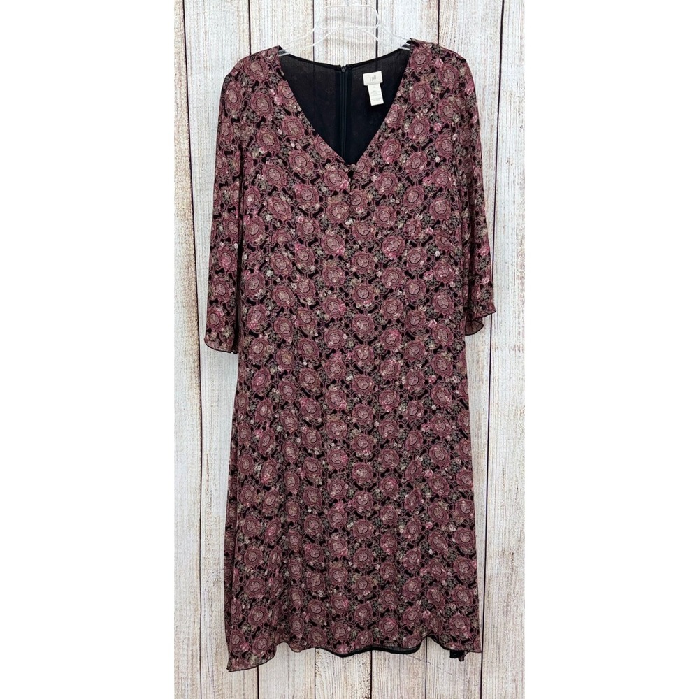 J Jill Midi Dress Size 14 Black Pink Paisley Floral A-Line Sheer Sleeve Lined